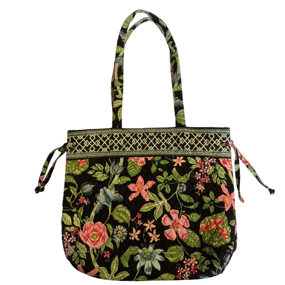 Vera Bradley Botanica Tote Bag Black Green Pink Quilted Floral Retired